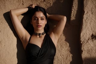 Take a day light moody photo of a woman in a pose exposing armpits, wide, wearing a saree and a stylish collar or choker accessory, showcasing her tight hips, intriguing tattoo on her arm. The woman should have a narrow waist, and her detailed face, especially her detailed nose, should be the focal point of the image. Use the rule of thirds in composition to frame her face beautifully, and enhance the photo with dramatic lighting to add depth and intensity. Place the woman against a background that complements her personality and adds shadows.",lalisamanoban,Tamanna ,no_humans,Detailedface,Detailedeyes,thigh sex,shrutih,black business suit,MFBP1,Game of Thrones,through_the_thighs,arshadArt 