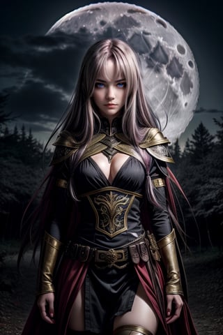 An intense anime girl with bronze-colored hair and black eyes, in a dark warrior's costume. She stands in an enchanted forest, the full moon lighting up her determined eyes.

