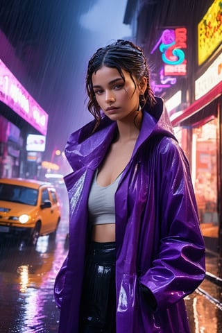 Best quality, masterpiece, ultra high res, (photorealistic:1.4), raw photo,1girl, realistic. Rainy alleyway, woman with vibrant purple double buns, amber eyes reflecting neon lights. Cloaked in a translucent raincoat, black boots splashing in puddles. Neon signs flicker, cats scampering. The rhythmic patter of rain, jazz music from an open window, aroma of hot soup from street vendors.