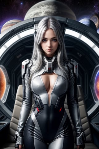 Woman with steely grey eyes and silver hair, calm. Aboard a futuristic spaceship, gazing out at distant planets and galaxies.


. Sexy,

