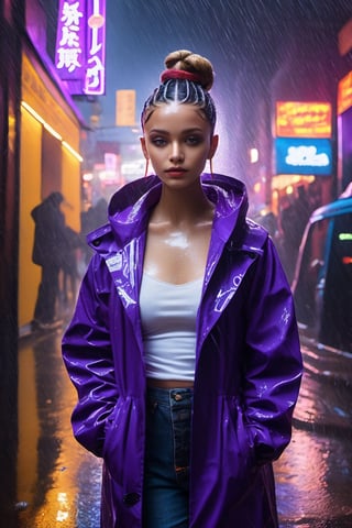 Best quality, masterpiece, ultra high res, (photorealistic:1.4), raw photo,1girl, realistic. Rainy alleyway, woman with vibrant purple double buns, amber eyes reflecting neon lights. Cloaked in a translucent raincoat, black boots splashing in puddles. Neon signs flicker, cats scampering. The rhythmic patter of rain, jazz music from an open window, aroma of hot soup from street vendors.