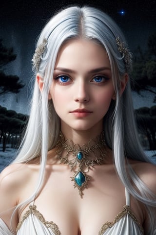 Woman with ice-blue eyes and white hair, pensive. Mystical grove with ethereal lights and celestial constellations.

