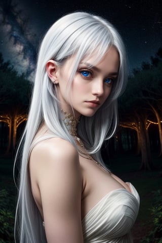 Woman with ice-blue eyes and white hair, pensive. Mystical grove with ethereal lights and celestial constellations.

