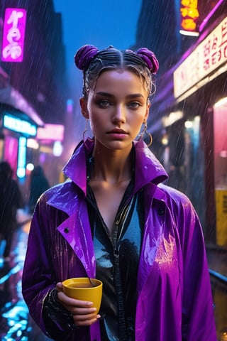 Best quality, masterpiece, ultra high res, (photorealistic:1.4), raw photo,1girl, realistic. Rainy alleyway, woman with vibrant purple double buns, amber eyes reflecting neon lights. Cloaked in a translucent raincoat, black boots splashing in puddles. Neon signs flicker, cats scampering. The rhythmic patter of rain, jazz music from an open window, aroma of hot soup from street vendors.