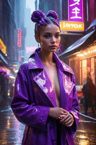 Best quality, masterpiece, ultra high res, (photorealistic:1.4), raw photo,1girl, realistic. Rainy alleyway, woman with vibrant purple double buns, amber eyes reflecting neon lights. Cloaked in a translucent raincoat, black boots splashing in puddles. Neon signs flicker, cats scampering. The rhythmic patter of rain, jazz music from an open window, aroma of hot soup from street vendors.