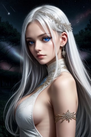 Woman with ice-blue eyes and white hair, pensive. Mystical grove with ethereal lights and celestial constellations.

