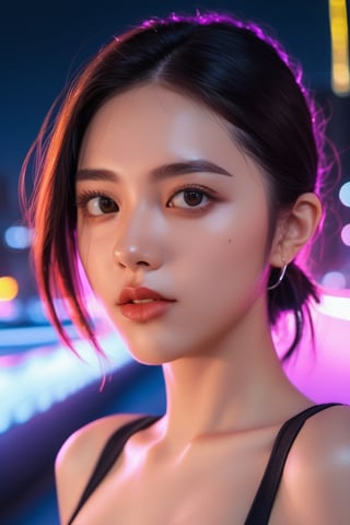 xxmix_girl, masterpiece, best quality, detailed eyes, detailed body, a woman perched on the edge of a city rooftop, the neon glow of the streets below illuminating her face, a drone capturing her picture as it hovers nearby, the distant hum of urban life audible.

