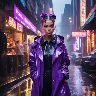 Best quality, masterpiece, ultra high res, (photorealistic:1.4), raw photo,1girl, realistic. Rainy alleyway, woman with vibrant purple double buns, amber eyes reflecting neon lights. Cloaked in a translucent raincoat, black boots splashing in puddles. Neon signs flicker, cats scampering. The rhythmic patter of rain, jazz music from an open window, aroma of hot soup from street vendors.