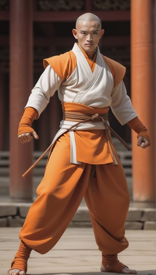 Illustration of a steampunk monk in a beautiful training ring, standing in an open arena, , ancient asian training ground background. Surreal warforged Art Style, Shaolin monk,best quality. smooth, lithe form. Chinese shade headgear. bo staff. orange and white shaolin monk garb with one sleeve. thin and agile body. simple, smooth head. loose, black pants that are tight at the ankle. Shaolin fighting pose. long loin cloth touching the ground. large Mortal Kombat Raiden hat.,best quality, skin is wood. face is metal. center cloth drapes down to the ankles. monkey motif helmet