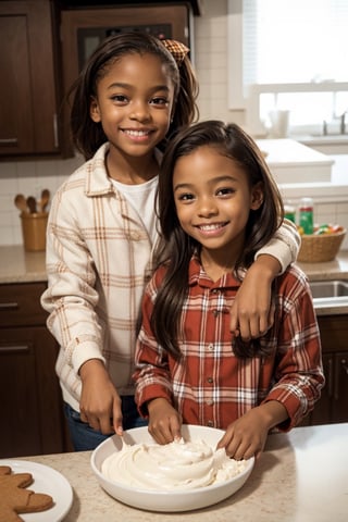 two african american kids, brown_skinned, in kitchen for winter holidays, messy kitchen, making gingerbread house, (best detail), (ultra-detailed), (best quality), happy kids, 14 year old and 7 year old, wearing plaid pajamas, happy, laugh, full lips, perfect skin, clean skin, brown_skinned, dark_skin, gingerbread man, gummy bears, frosting, colorful