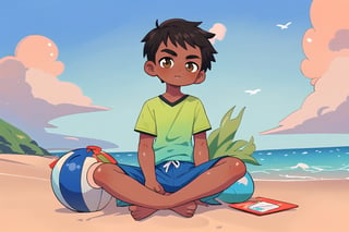 black boy sitting at the beach, (((brown skin))), looking away from viewer, cute, swimsuit, peaceful, agawa, vibrant colors, swim trunks, wind in hair, lean physique, lonely, short hair