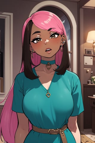 1girl (((brown skin))), african american, brown eyes, looking at viewer, eye contact, long length hair, straight hair, black hair, blush, slender, 28 years old, (((teal))) dress, brown skin, loose hair, hair out, choker necklace, standing, same height as viewer, cute facial expression, grown woman, striaght forward, mouth open, eyes open, gasp, girl's room, room with posters and trinkets, ear piercings, narrow face, middle part, hour glass figure

extreme closeup shot, Cartoon, 3d, agawa, 1girl, censored, pink hair highlights, pink IncursioDipDyedHair,n64style,realism