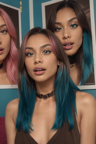 1girl (((brown skin))), african american, brown eyes, looking at viewer, eye contact, long length hair, straight hair, black hair, blush, slender, 28 years old, (((teal))) dress, brown skin, loose hair, hair out, choker necklace, standing, same height as viewer, cute facial expression, grown woman, striaght forward, mouth open, eyes open, gasp, girl's room, room with posters and trinkets, ear piercings

extreme closeup shot, Cartoon, 3d, agawa, 1girl, censored, pink hair highlights, pink IncursioDipDyedHair