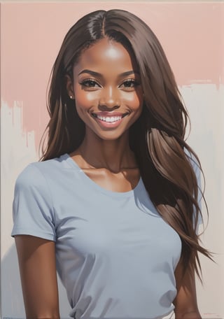 Minimalist painting, minimal design, sexy, african american girl, straight hair with middle part, blush, 20 year old, portrait, light smile