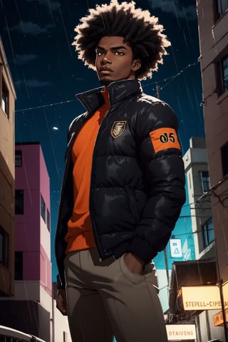 black man, african american, orange eyes, lean figure, athletic, skinny, black afro, 20 years old, adult, dark skin, brown skin, seductive, detailed eyes, masculine, man

view from front, dynamic angle, standing, serious, puffer jacket, slum buildings, soccer uniform, raining, night sky, street lights

good line art, masterpiece, detailed, abstract background, high quality, 16k, drawing, high_res, semi-realistic, agawa