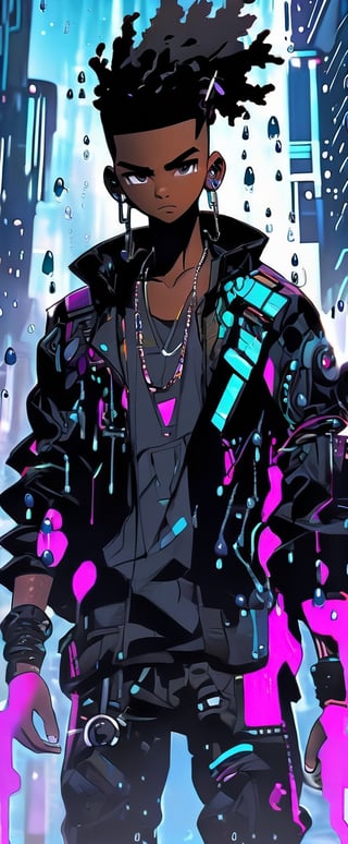 A black boy, 22 years old, rain, puddles, cyberpunk, 32k, highly detailed, sci fi, abstract