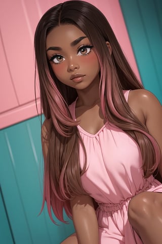 1girl (((brown skin))), african american, brown eyes, looking at viewer, eye contact, long length hair, straight hair, black hair, blush, slender, 20 years old, teal dress, brown skin, slim eyes, loose hair, hair out 

extreme closeup shot, Cartoon, 3d, agawa, 1girl, censored, pink hair ends, pink IncursioDipDyedHair