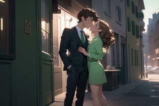 Cinematic still, romantic comedy,FULL-BODY SHOT,(girl with curly brown hair,  light green eyes,  half of which is brown and green), kissing to ( boy in a suit ) outside a luxurious building,  ,8k masterpiece, perfect lighting, stunning details, shadow play, detailed hues, motion blur
