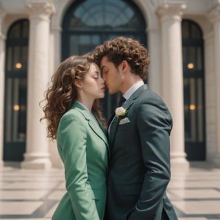 Cinematic still, romantic comedy,FULL-BODY SHOT,(girl with curly brown hair,  light green eyes,  half of which is brown and green), kissing to ( boy in a suit ) outside a luxurious building,  ,8k masterpiece, perfect lighting, stunning details, shadow play, detailed hues, motion blur
