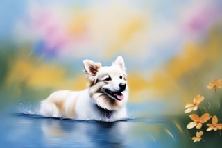 Photorealistic dog party with wet-on-wet brushstrokes for a blurred, dreamy effect