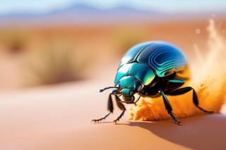  beetle carrying a ball of dirt in the desert, , with wet-on-wet brushstrokes for a blurred, dreamy effect
