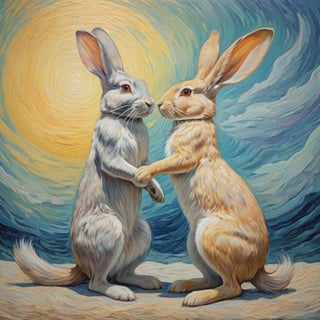 OIL PAINTING,FULL-BODY SHOT,romantic couple or rabbits on the mood and in van gogh style and pastel colors fantasy,8k masterpiece, perfect lighting, stunning details, shadow play, detailed hues, motion blur
