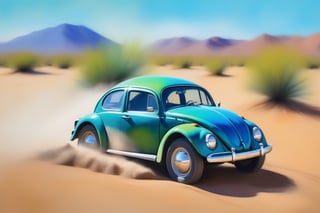 A blue and green beetle carrying a ball of dirt in the desert, , with wet-on-wet brushstrokes for a blurred, dreamy effect