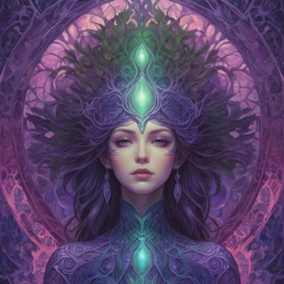 
druid in future-symphonic echoes style, amidst bioluminescent dreamscapes and cyber-ethereal harmonies, creating a kaleidoscope of intertwined hues in pruple and green