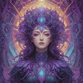 
druid in future-symphonic echoes style, amidst bioluminescent dreamscapes and cyber-ethereal harmonies, creating a kaleidoscope of intertwined hues in pruple and green