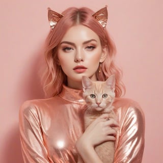 Woman in neon rose gold clothing and accessories holding a neon rose gold kitten on a rose gold background, natural light, fashion magazine cover style --ar 4:5 --style raw