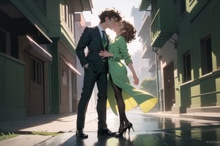 Cinematic still, romantic comedy,FULL-BODY SHOT,(girl with curly brown hair,  light green eyes,  half of which is brown and green), kissing to ( boy in a suit ) outside a luxurious building,  ,8k masterpiece, perfect lighting, stunning details, shadow play, detailed hues, motion blur
