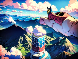 ((Masterpiece)), ((perfect upscalling), ((realistic)), , best quality, (colorful), (finely detailed), skyscraper, great lighting, touching the clouds, majestic building, in the center of a city, blue sky, people and cars down below, view from top to bottom, perfect lines, realistic creation, colorful and vibrant image, spiderman swinging by, batman on top of the center skyscraper, looking from top to bottom, god's view. ,Isometric_Setting