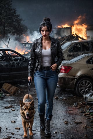 (1 woman), (Full body shot), A beautiful young woman, black hair, hair in a messy bun, golden skin, walking with german shepherd dog walking sadly under (torrential rain: 1.3), holding an assault ak 47, night, post apocalypse england background, fire, smoke, debris, destroyed vehicles, wearing black jacket, tight jeans, white shirt, boots, (gun holster on waist), night, dark.