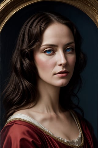 The portrait of a noble woman inspired by the works of the Renaissance painter Botticelli, with dramatic chiaroscuro lighting and detailed textures of the fabric, with hyper-realistic blue eyes, with jewels
photo taken with a 5d camera, with an 85 millimeter lens