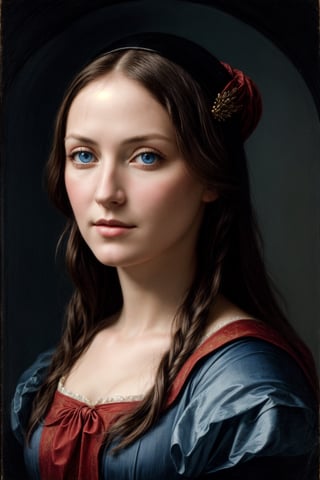 The portrait of a noble woman inspired by the works of Renaissance painter Leonardo da Vinci, with soft chiaroscuro lighting and detailed fabric textures, with hyper-realistic blue eyes.
photo taken with a 5d camera, with an 85 millimeter lens
with dramatic light