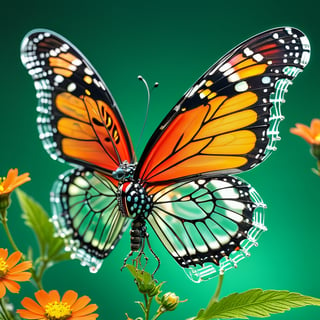 masterpiece, high quality, realistic aesthetic photography (HDR:1.2), pores and details, intricate textures, elegant and beautiful, RAW photography, 24K, side view in cosmos), glass mechanical red monarch butterfly, (biohybrid robot), clear glass skin,glass wing,c1bo,Enhance
green background, with flowers