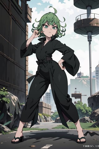 1Tatsumaki with green hair posing for a picture, tumblr, accentuated hips, wearing a black robe, leeloo outfit, thicc build,