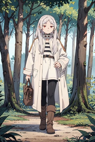 1girl, solo, long hair, white hair, red eyes, Frieren clothes, white coat, black legwears, boots, forest background