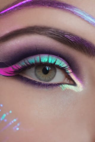 a close up of a person's eye with purple eyeliner, a pastel, inspired by Carl Walter Liner, reddit, outline glow, fluo details, natural contour aesthetics!!, scratchy lines, cinematic film shot in 70mm, depth of field, vivid colors, cinematic