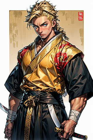 (((blond hair))), (dreadlocks), (afro hairstyle), (golden katana), gold sword((traditional samurai outfit)), bleu outfit, adult, male, (dark skin tone), Japanese tatoo on shoulder, bandage throughout the waist, tori in a foerst in the background
,red \(pokemon\)