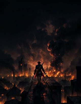 Best Quality, Masterpiece, Ultra High Resolution, Detailed Background, Dracule Mihawk,  One Piece, Assassin's creed, badass, trimmed moustache, large wooden sword on the back, walking, destroyed dark city background, night, dynamic view, 4k Best Quality,he-man,perfecteyes