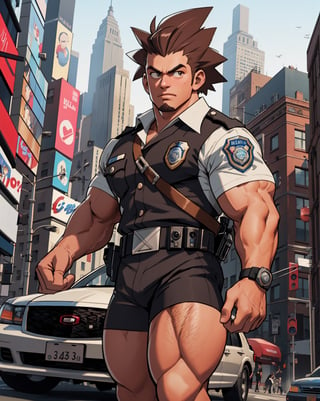 Best Quality, Masterpiece, Ultra High Resolution, Detailed Background, Muscular Man, Shaved Hair, Punk Crest, brown hair, Arm Hair, Thick Chunky Arms, Thick Thighs, Naked, Hairy, Police Officer Outfit, police t-shirt, big lump, police car in the background, New York background, 4k resolution,3DMM,red \(pokemon\)