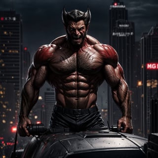 Best Quality, Masterpiece, Ultra High Resolution, Detailed Background, Wolverine Venom, carnage face, white eyes, dark, drooling, X-men suit, chubby, depth of field, messy, fierce look, smile, tank top, Muscular Man, dark face, face, dark background, destroyed city background, night, dynamic view, 4k Best Quality