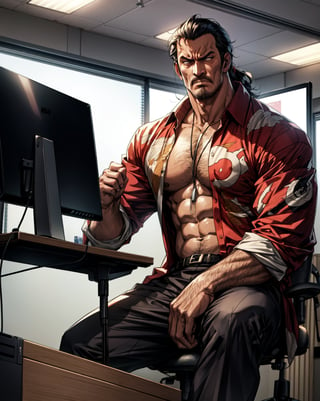 Best Quality, Masterpiece, Ultra High Resolution, Detailed Background, Akainu, serious face, sitting in his desk, , In a working office background, , dynamic view, 4k Best Quality