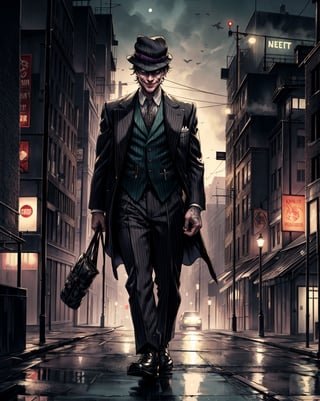 Best Quality, Masterpiece, Ultra High Resolution, Detailed Background, Joker Yoda, smile, walking, peaky blinders, street background, night, dynamic view, 4k Best Quality