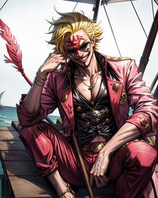 Best Quality, Masterpiece, Ultra High Resolution, Detailed Background, doflamingo Joker, one piece, yellow hair, red sunglasses, pink feather jacket, smile and pull the tongue, crazy pose, sitting in a pirate ship, dynamic view, 4k Best Quality
