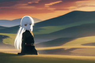 little Elf girl dressed in white hair white hair red eyes white skin holding red dagger, bangs in eye, kneeling, long straight hair, innocent face, looking at camera, grassy field, dramatic sunset between mountains, dramatic lighting