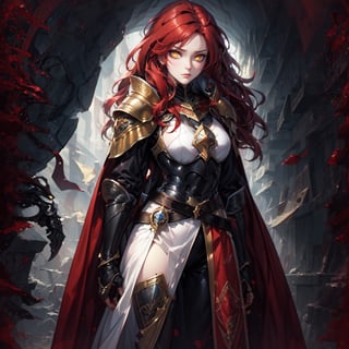 Red-haired lady dressed in black armor and a broken black mask, becky cloonan style, yellow eyes, intense gaze, detailed illustrations, magali villeneuve, james jean, Elden Ring, Illustration, Line Art, Graphic Novel,BloodOnScreen