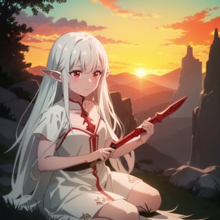 little Elf girl dressed in white hair white hair red eyes white skin holding red dagger, bangs in eye, kneeling, long straight hair, innocent face, looking at camera, grassy field, dramatic sunset between mountains, dramatic lighting