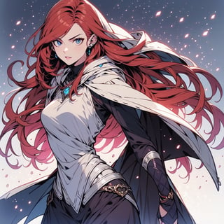 ((masterpiece))),((best quality)), 8k, high detailed, ultra-detailed BREAK A beautiful young woman with sky blue eyes and wavy red hair, fair and smooth skin, pink lips, toned body, athletic and strong. Dressed in white leather armor and white hood, she is a female paladin in the service of light ((red hair:1.1)), long hair, blue eyes, slender. Masanori Waragai's style